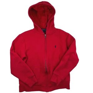 Polo Ralph Lauren Boys Full Zip Hoodie Red Blue Pony Size Medium 10/12 Solid